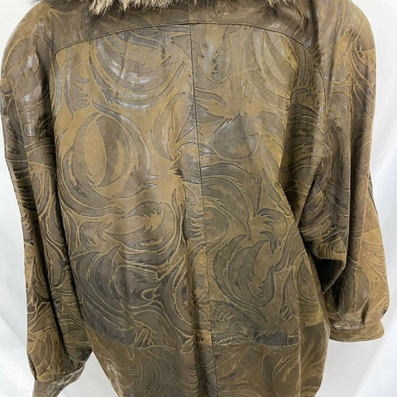 Northern Lights Bloomingdale's Fox Fur Collar Tooled Leather Jacket Small - Picture 7 of 10